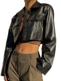 Chic Women's Faux Leather Jacket - Solid Color, Button-Up, Long Sleeve, Casual Style with Flap Pockets | Non-Sheer, Spring/Fall Fashion Outerwear