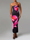 [Offshoulder Dress] Elegant Women's Off-Shoulder Floral Print Sleeveless Maxi Dress - Slim Fit, Backless Design with Vibrant Pink & Black Flowers, Perfect for Parties & Clubs, Blend, Machine Washable