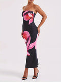 [Offshoulder Dress] Elegant Women's Off-Shoulder Floral Print Sleeveless Maxi Dress - Slim Fit, Backless Design with Vibrant Pink & Black Flowers, Perfect for Parties & Clubs, Blend, Machine Washable