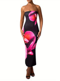 [Offshoulder Dress] Elegant Women's Off-Shoulder Floral Print Sleeveless Maxi Dress - Slim Fit, Backless Design with Vibrant Pink & Black Flowers, Perfect for Parties & Clubs, Blend, Machine Washable