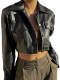 Chic Women's Faux Leather Jacket - Solid Color, Button-Up, Long Sleeve, Casual Style with Flap Pockets | Non-Sheer, Spring/Fall Fashion Outerwear