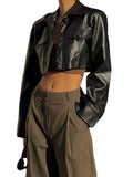 Chic Women's Faux Leather Jacket - Solid Color, Button-Up, Long Sleeve, Casual Style with Flap Pockets | Non-Sheer, Spring/Fall Fashion Outerwear
