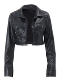 Chic Women's Faux Leather Jacket - Solid Color, Button-Up, Long Sleeve, Casual Style with Flap Pockets | Non-Sheer, Spring/Fall Fashion Outerwear