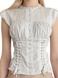 Crew Neck Cap Sleeve Button Down T-Shirt - Cross Tie-up Front Lace Trim Tops for Women