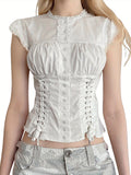 Crew Neck Cap Sleeve Button Down T-Shirt - Cross Tie-up Front Lace Trim Tops for Women