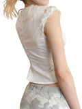 Crew Neck Cap Sleeve Button Down T-Shirt - Cross Tie-up Front Lace Trim Tops for Women