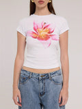 Women Y2k Floral Crop Tee Vintage Aesthetic Graphic Short Sleeve Round Neck Tight Tshirt Stretchy Baby Tee for Teen Girl Summer Fairycore Preppy Flower Pattern T-shirt Streetwear