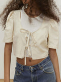 1pc Women'S Sexy Cropped Top - Summer Knit Polyester Crew Neck with Lace-up Detail, Short Sleeve Solid Color Streetwear for Casual Daily Wear