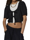1pc Women'S Sexy Cropped Top - Summer Knit Polyester Crew Neck with Lace-up Detail, Short Sleeve Solid Color Streetwear for Casual Daily Wear