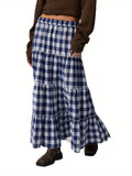 1pc Women'S Plaid Polyester Skirt - Elastic Waist, Ruffled Tiered Design, Casual Style, All-Season Woven Skirt