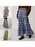 1pc Women'S Plaid Polyester Skirt - Elastic Waist, Ruffled Tiered Design, Casual Style, All-Season Woven Skirt