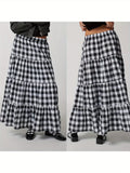 1pc Women'S Plaid Polyester Skirt - Elastic Waist, Ruffled Tiered Design, Casual Style, All-Season Woven Skirt