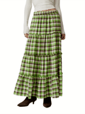 1pc Women'S Plaid Polyester Skirt - Elastic Waist, Ruffled Tiered Design, Casual Style, All-Season Woven Skirt