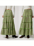 1pc Women'S Plaid Polyester Skirt - Elastic Waist, Ruffled Tiered Design, Casual Style, All-Season Woven Skirt