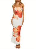 [Offshoulder Dress] Elegant Women's Off-Shoulder Floral Print Sleeveless Maxi Dress - Slim Fit, Backless Design with Vibrant Pink & Black Flowers, Perfect for Parties & Clubs, Blend, Machine Washable