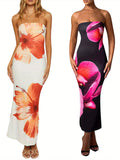 [Offshoulder Dress] Elegant Women's Off-Shoulder Floral Print Sleeveless Maxi Dress - Slim Fit, Backless Design with Vibrant Pink & Black Flowers, Perfect for Parties & Clubs, Blend, Machine Washable
