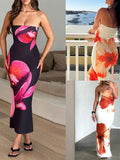 [Offshoulder Dress] Elegant Women's Off-Shoulder Floral Print Sleeveless Maxi Dress - Slim Fit, Backless Design with Vibrant Pink & Black Flowers, Perfect for Parties & Clubs, Blend, Machine Washable