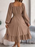 Stunning Ruffle Hem A-Line Dress - Women's Elegant Solid Color Square Neck Backless Shirred Clothing with Lantern Sleeves - Perfect for Formal Occasions and Parties