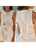 Womens Button Down Vest Solid Boat Neck Sleeveless Tie-Up Back Crop Tank Tops Summer Streetwear
