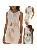 Womens Button Down Vest Solid Boat Neck Sleeveless Tie-Up Back Crop Tank Tops Summer Streetwear