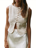Womens Button Down Vest Solid Boat Neck Sleeveless Tie-Up Back Crop Tank Tops Summer Streetwear