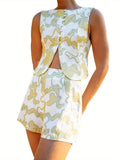 Womens Button Down Vest Solid Boat Neck Sleeveless Tie-Up Back Crop Tank Tops Summer Streetwear