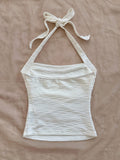 Women's Chic White Knitted Halter Tank Top | Backless & Machine Washable | Textured Bodycon Design with Bow Detail | Perfect for Vacation & Casual Attire