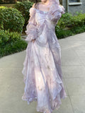 [Misty Dress] Misty Blue-Gray Dress | Long Sleeves, Ruffled Hem, Butterfly Design And Golden Accents - Perfect for Early Autumn