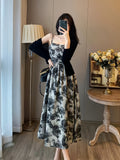 [Floral Print Cami Dress Set] Young Floral Print Cami Dress Set, Solid Long Sleeve Open Front Cardigan & Square Neck Sleeveless A-line Spaghetti Strap Dress Outfits, Women's Clothing