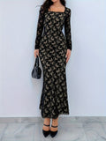 Elegant Long Sleeve Floral Lace Bodycon Dress - Square Neck, Women's Clothing for Club & Party