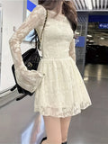 [New Gentle Style A-Line Skirt] Korean Milk Apricot Waist A-Line Short Skirt Female Early Autumn New Gentle Style Temperament Hot Lace Long Sleeve Dress