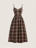 Elegant, Comfortable Vintage-Inspired Plaid Midi Dress with Spaghetti Straps - Polyester, Machine Washable, Non-Sheer