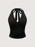 [Slim Fit Backless Crop Top] Leopard Print Halter Neck Top, Sexy Backless Slim Fit Crop Top For Spring & Summer, Women's Clothing
