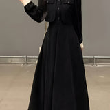 Women'S Long Sleeve Viscose Dress with Button Detail, Solid Color, Tailored Fit, Flared Skirt, Spring/Fall Collection - Elegant Black with White Collar