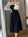 [Chic Long Sleeve A-Line Dress] Elegant Black Organza A-Line Dress for Women - Chic Long Sleeve with French-Inspired Square Neckline, Vintage Mesh Detail, Perfect for Spring & Autumn Events
