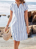 [Elegant | Striped] Elegant Striped V-Neck Midi Dress | Asymmetrical Hemline, Casual Short Sleeve, Button Front, Lightweight Polyester | Perfect for Summer Beach Outings, Beach Dress