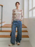 [Everyday Elegance] Women's Elegant Tie-Dye Floral Print Chiffon Blouse with Ruched Detail - Long Sleeve, Round Neck, Semi-Sheer, Perfect for Spring/Fall Fashion voguable
