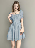 Folds A-Line Square Collar Puff-Sleeve Dress