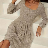 Elegant Square Neck A-Line Long Sleeve Dress - Women's Slim Fit Dresses for Spring & Fall - Chic, Comfortable, and Versatile Clothing for Ladies