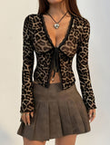 Women'S Elegant Leopard Print V-Neck Top with Lace Trim, Polyester Knit Fabric with Elastane, Fall/Winter Collection