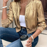 Everyday Comfort, Elegant Women's Pink Metallic Bomber Jacket - Long Sleeve, Zip-Up with Baseball Collar, Polyester Blend, Machine Washable for Spring & Fall Fashion, Spring Jacket|Glossy Finish Jacket|Polyester Blend Jacket