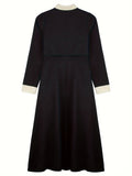 Elegant Black Midi Dress with Button Detail - Long Sleeve, Collared, Non-Stretch Viscose - Perfect for Spring & Fall, Machine Washable, for Autumn, Spring