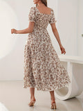 Elegant Women's Floral Print Dress - Square Neckline, Short Sleeve, A-Line Silhouette, Polyester, Machine Washable, Perfect for All Seasons