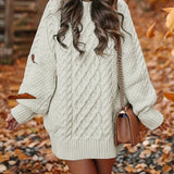 Women's Long Sleeve Cable Knit Dress, Casual Solid Color Crew Neck Loose Fit Knitted Dress for Everyday Wear