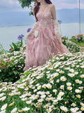 French Style First Love Cherry Blossom Pink Tie-Dye Suspender Dress Vacation Style Fairy Style Gradient Dyeing Women's Summer Floral Irregular Hem Vacation Long Dress