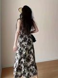 [Floral Print Cami Dress Set] Young Floral Print Cami Dress Set, Solid Long Sleeve Open Front Cardigan & Square Neck Sleeveless A-line Spaghetti Strap Dress Outfits, Women's Clothing