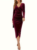 Elegant Black Velvet Midi Dress for Women - Vintage-Inspired V-Neck with Ruched Detail, Long Sleeves, and Asymmetrical Hem - Machine Washable, Polyester & Elastane Blend