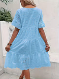 Solid Color Embroidered Lace Dress - Hollow Out Design, Elegant for Casual Wear