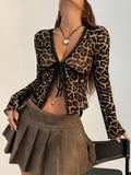 Women'S Elegant Leopard Print V-Neck Top with Lace Trim, Polyester Knit Fabric with Elastane, Fall/Winter Collection