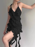 Solid Color Hanging Neck Irregular Streamer Dress